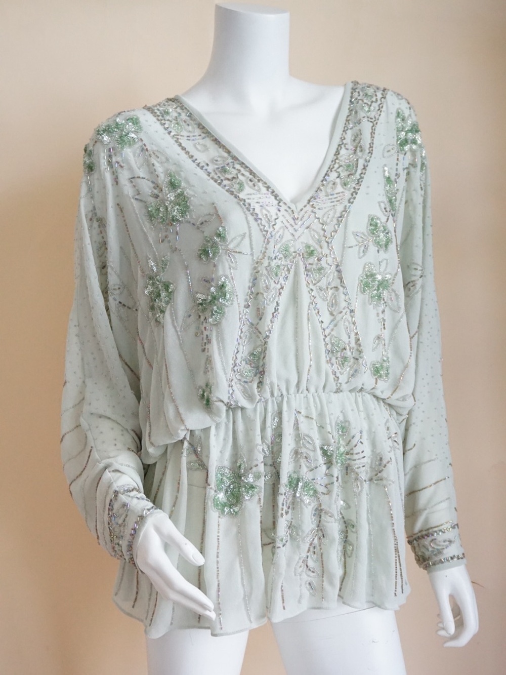 Asos Sage Beaded Embellished Dolman Sleeve Sheer Open Back Tunic Dress - 8